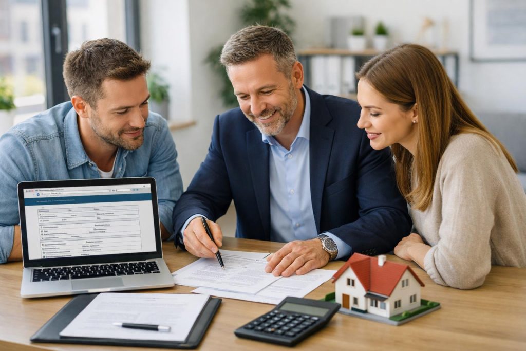 doradca finansowy i klient analizują księgę wieczystą na laptopie przy biurku