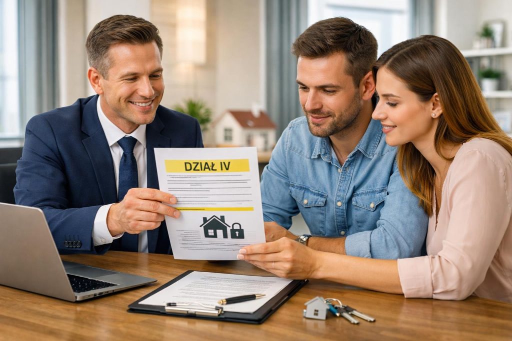 Doradca finansowy analizuje księgę wieczystą z klientami w eleganckim biurze