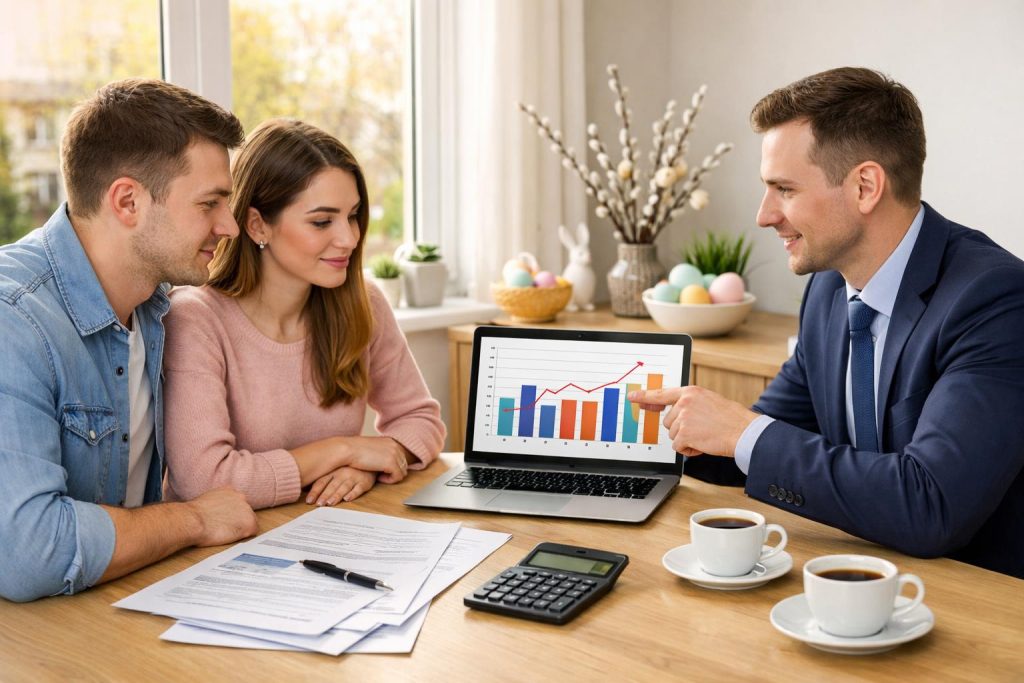 Młoda para analizuje koszty pożyczki hipotecznej z doradcą finansowym przy stole
