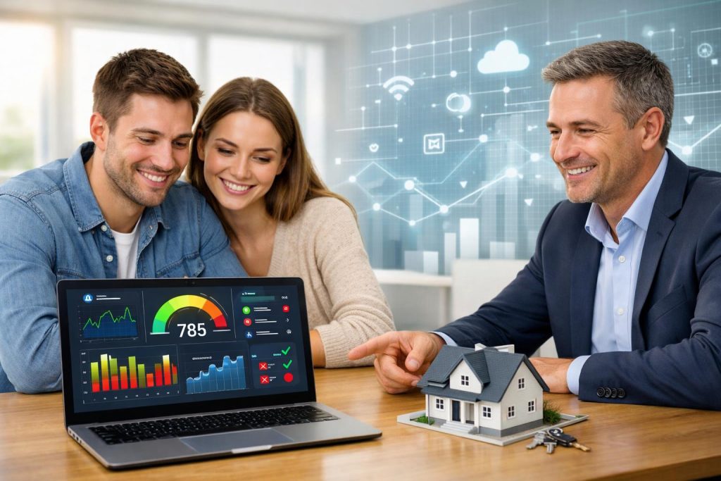 Młoda para z doradcą finansowym przy laptopie z interfejsem scoringu AI