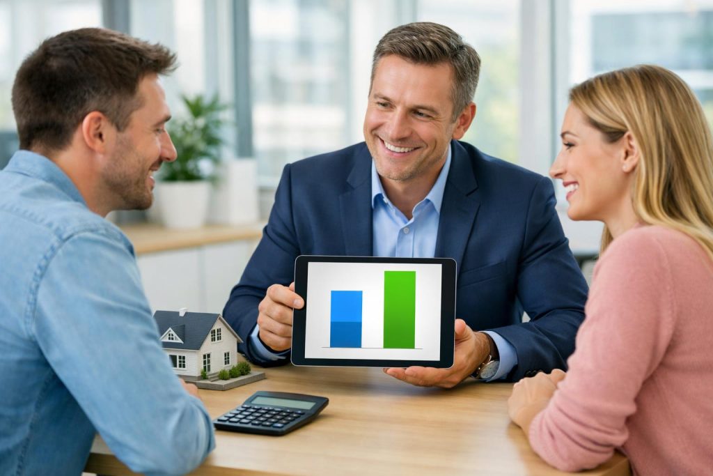 Doradca finansowy z tabletem pokazuje klientowi proporcję pożyczki do wartości domu