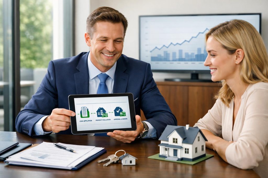 Doradca finansowy prezentuje klientowi uproszczony proces pożyczki pod zastaw nieruchomości w eleganckim biurze