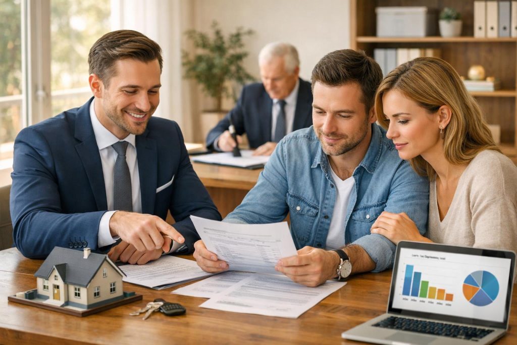 Para z doradcą w jasnym biurze analizuje przejrzyste dokumenty pożyczki