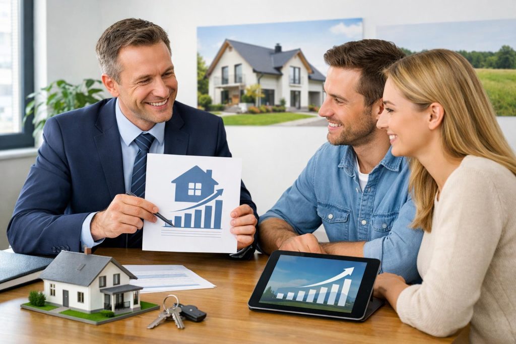 Doradca finansowy prezentuje klientom dokumenty i makietę domu w biurze