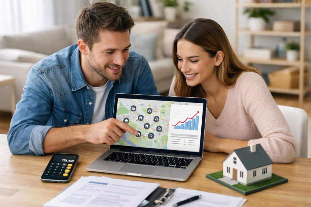 Młoda para analizuje wycenę mieszkania online przy stole z laptopem