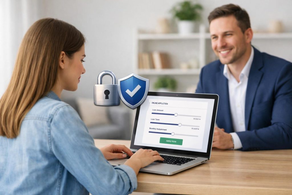 Młoda osoba przy laptopie wypełnia prosty wniosek pożyczkowy z ikoną kłódki i tarczy oraz doradcą finansowym w tle