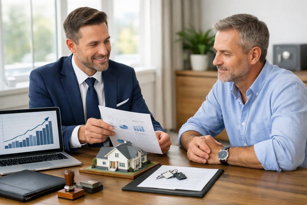 doradca finansowy pokazuje klientowi dokumenty i model domu