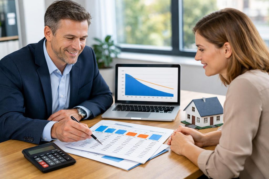 Doradca finansowy omawia harmonogram spłaty z klientem przy biurku