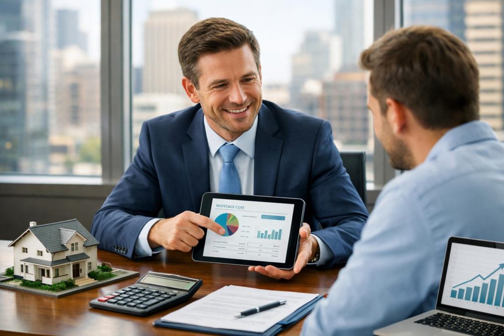 doradca finansowy prezentuje klientowi symulację kosztów pożyczki hipotecznej w jasnym biurze z makietą domu