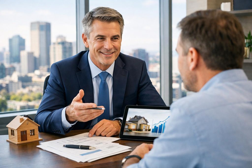 Doradca finansowy i klient przy stole w eleganckim biurze z dokumentami, tabletem i widokiem na miasto