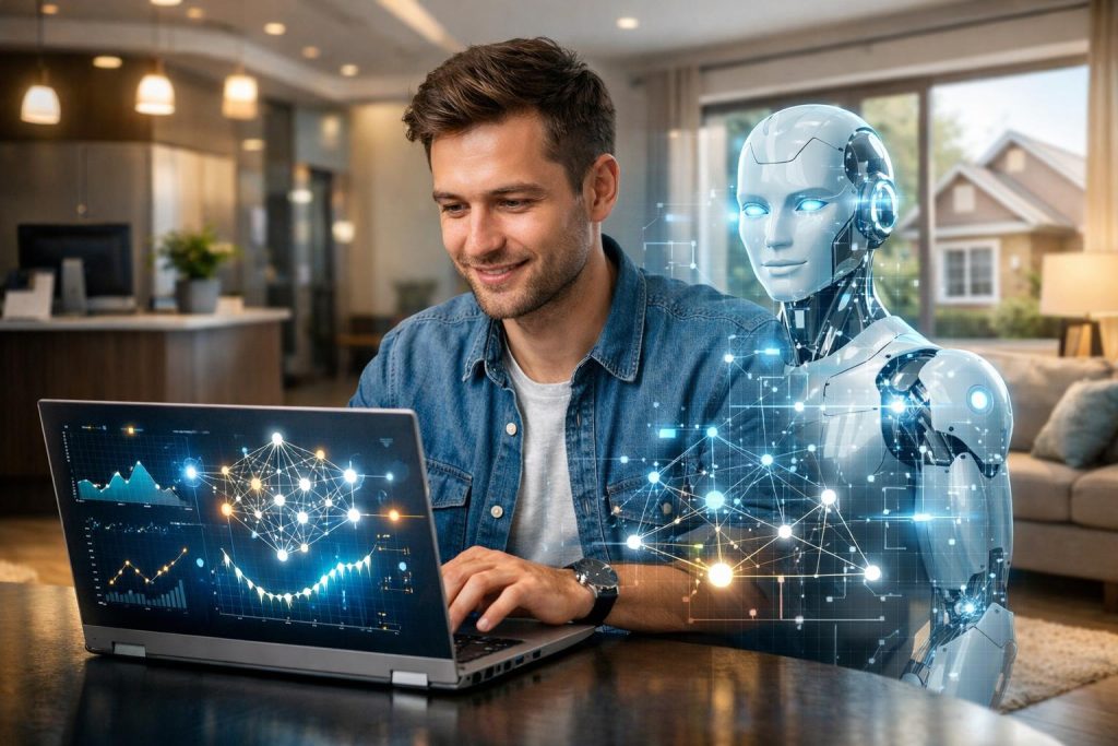 Młody dorosły korzysta z bankowości online z wizualizacją AI decyzji kredytowej