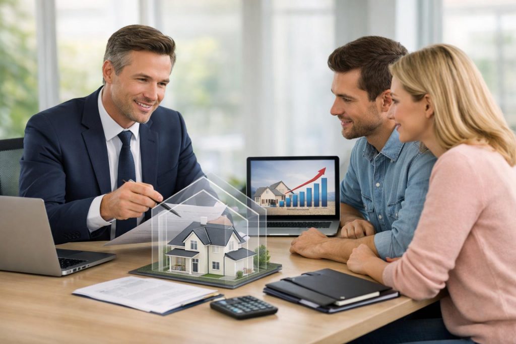 Doradca finansowy omawia pożyczkę pod zastaw z parą właścicieli nieruchomości