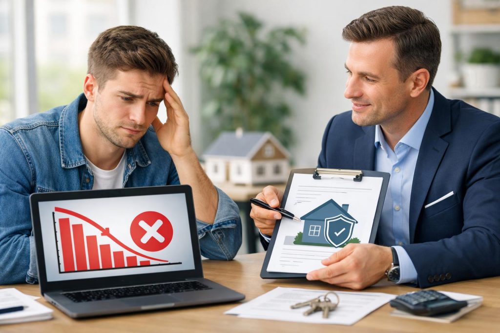 Młody dorosły i doradca finansowy omawiają pożyczkę pod zastaw w jasnym biurze