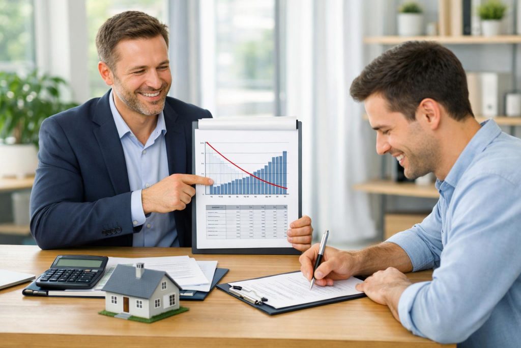 Doradca finansowy pokazuje klientowi harmonogram i wykres przy biurku