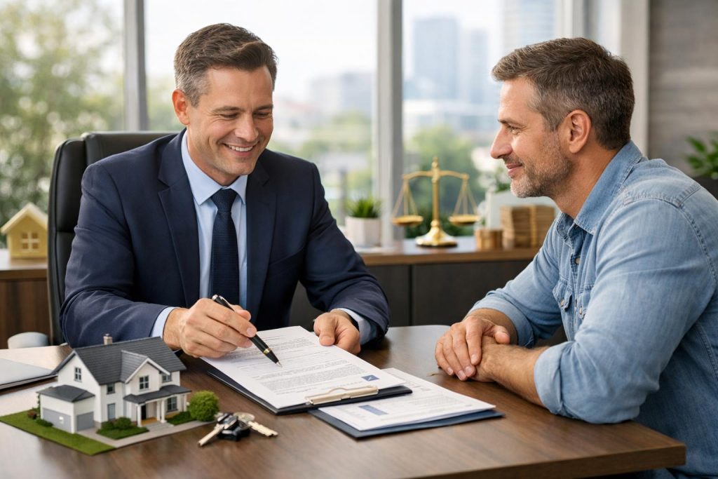 Doradca finansowy pokazuje ofertę klientowi przy makiecie domu w jasnym biurze