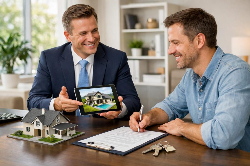 Doradca finansowy pokazuje tablet i dokumenty klientowi przy stole w jasnym biurze