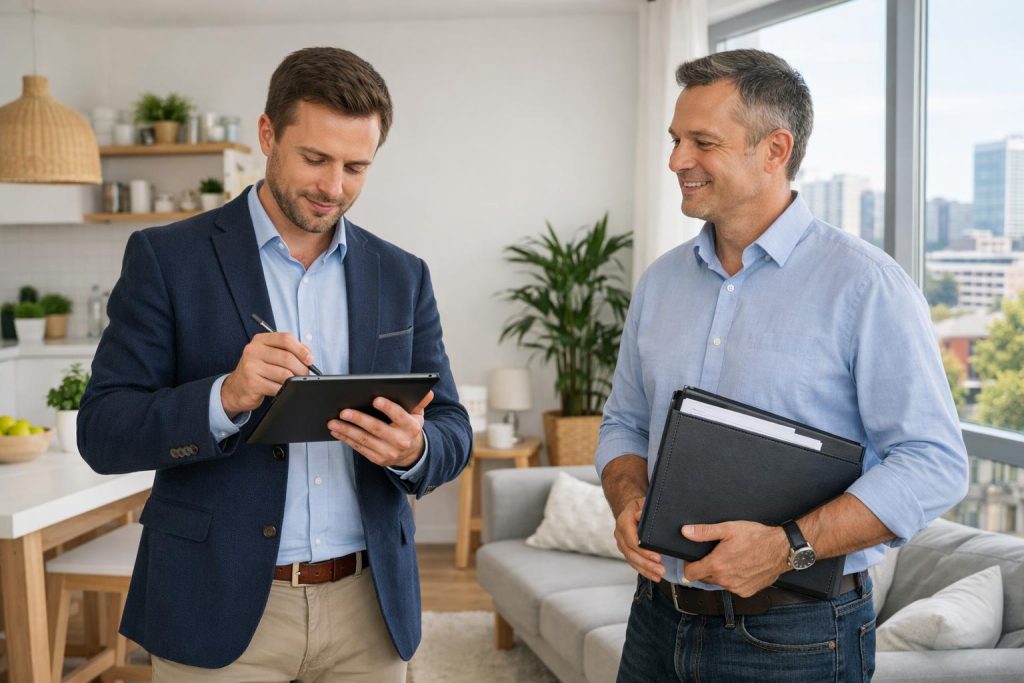 Rzeczoznawca wycenia jasne mieszkanie, właściciel z dokumentami, home staging