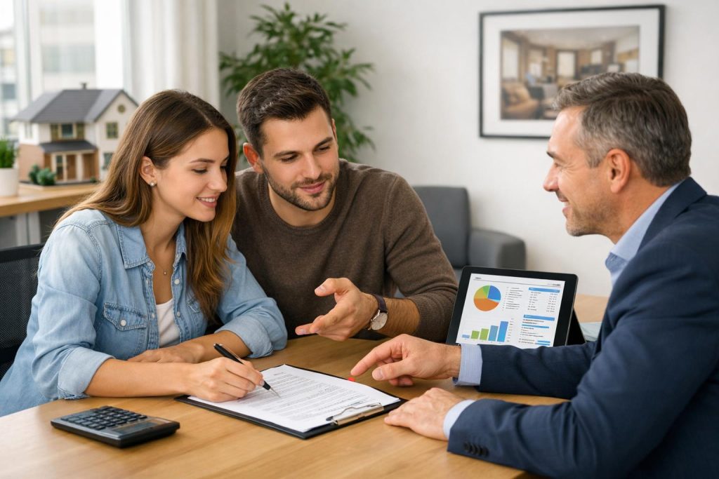 młoda para z doradcą finansowym analizuje umowę i wykresy kosztów w nowoczesnym biurze