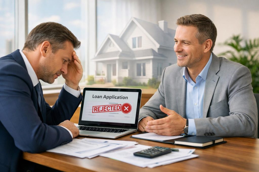 Przedsiębiorca z laptopem po odmowie kredytu rozmawia z doradcą o pożyczce pod zastaw nieruchomości