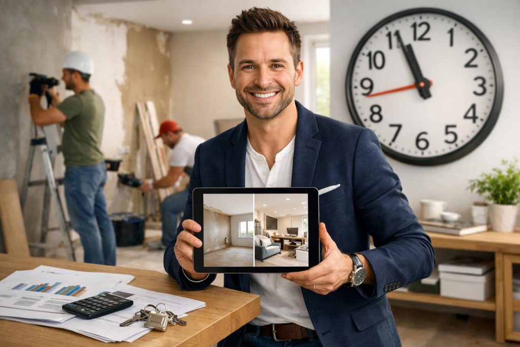 Inwestor nieruchomości nadzoruje remont mieszkania z tabletem w ręku