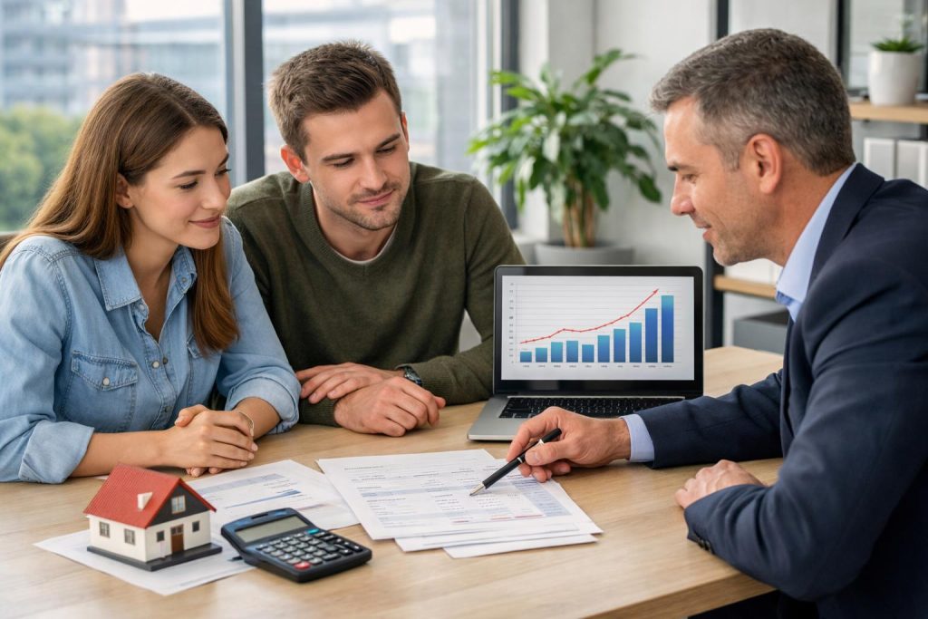 mloda para z doradcą finansowym omawia pożyczkę pod zastaw nieruchomości