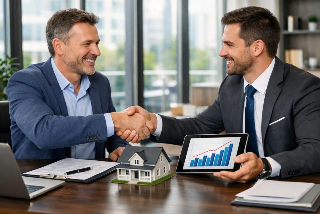 Przedsiębiorca i doradca finansowy analizują dokumenty w nowoczesnym biurze