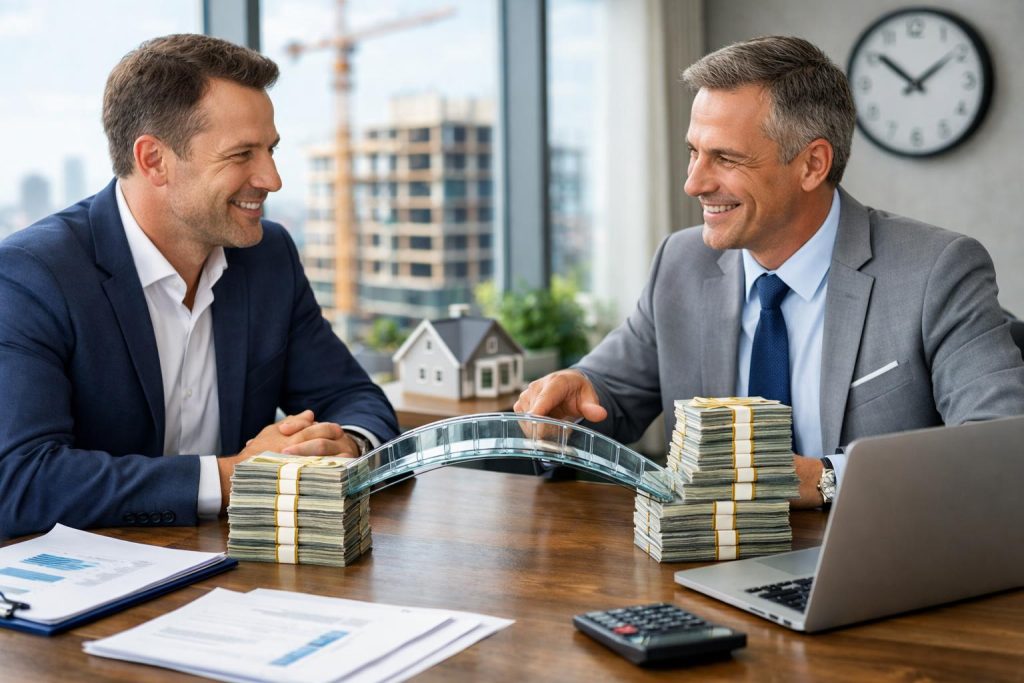 Przedsiębiorca i doradca finansowy przy stole z laptopem oraz pieniędzmi i szklanym mostem