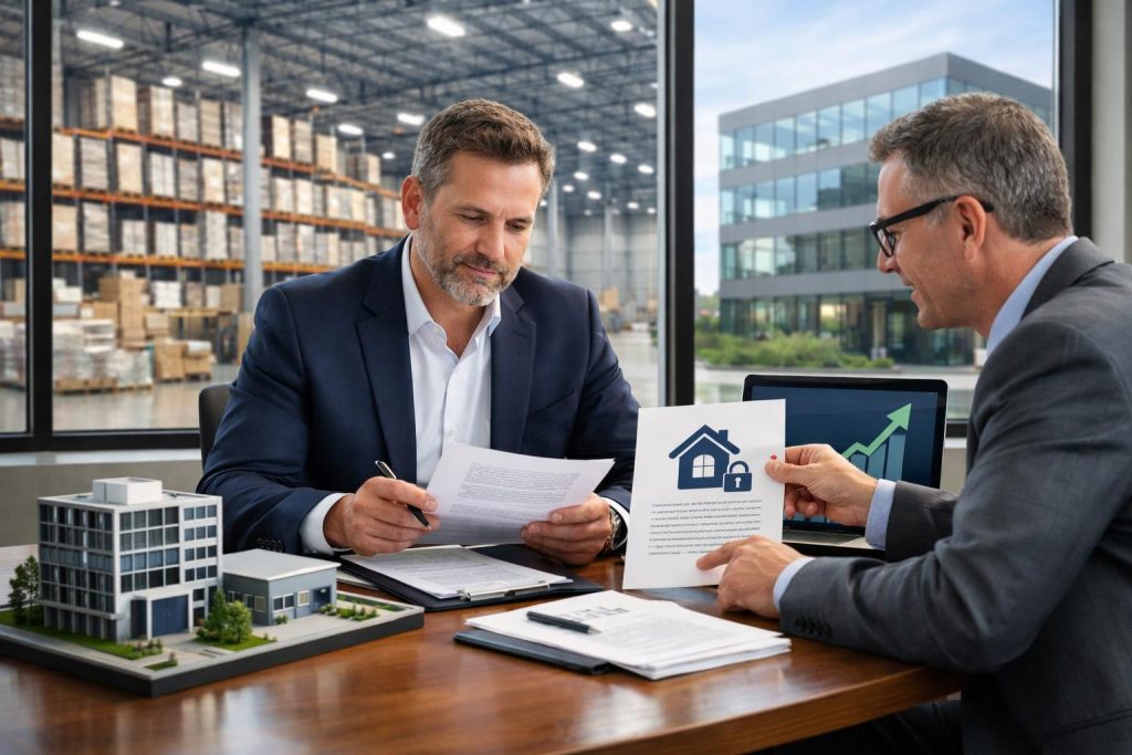 Przedsiębiorca analizuje dokumenty w biurze z doradcą na tle hali i makiety budynku