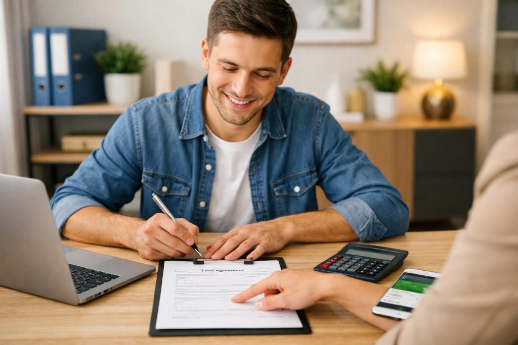 Młody dorosły z laptopem i dokumentem pożyczki przy jasnym biurku