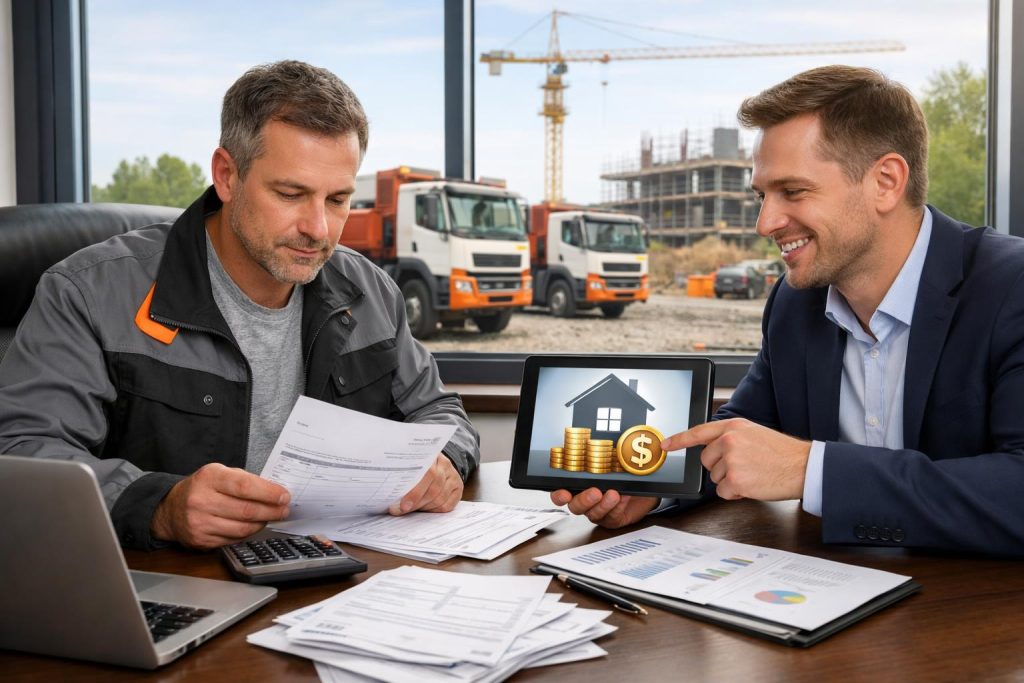 kierownik firmy analizuje faktury przy laptopie z doradcą na tle placu budowy i ciężarówek