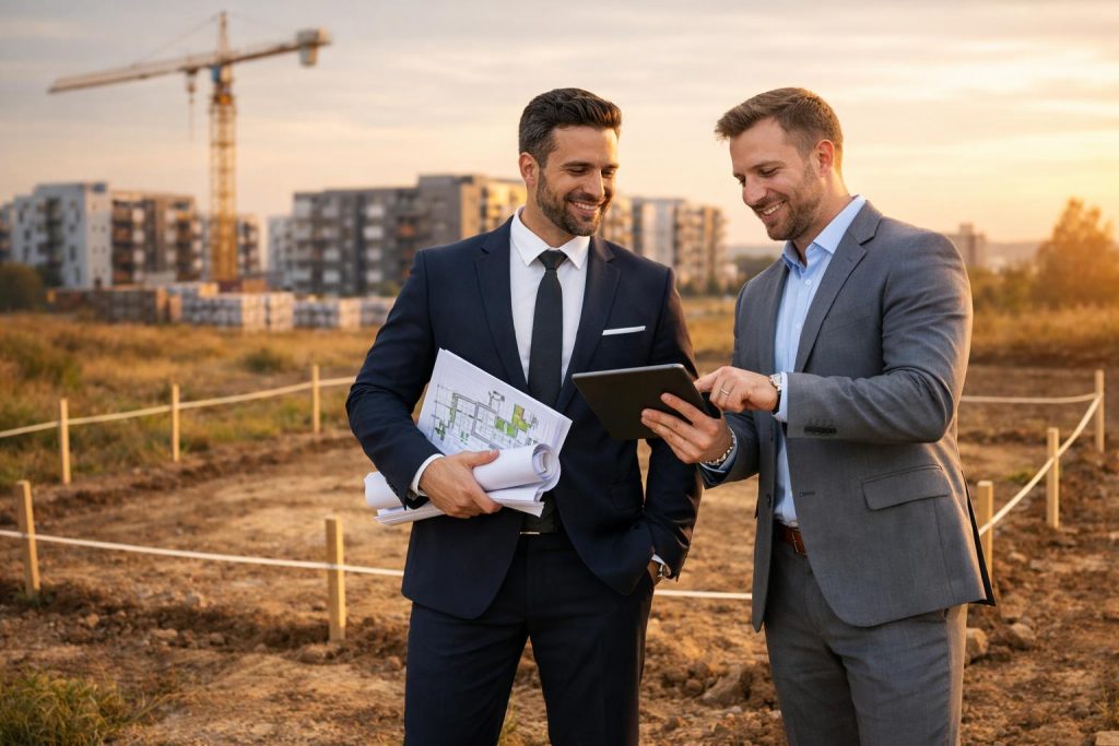 Doradca finansowy i inwestor na działce z planami budowy oraz osiedlem w tle