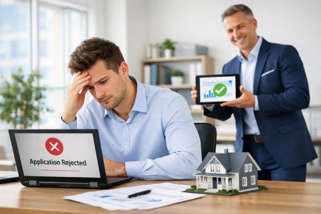 Przedsiębiorca patrzący na odrzucony wniosek kredytowy przy biurku z doradcą finansowym i makietą domu