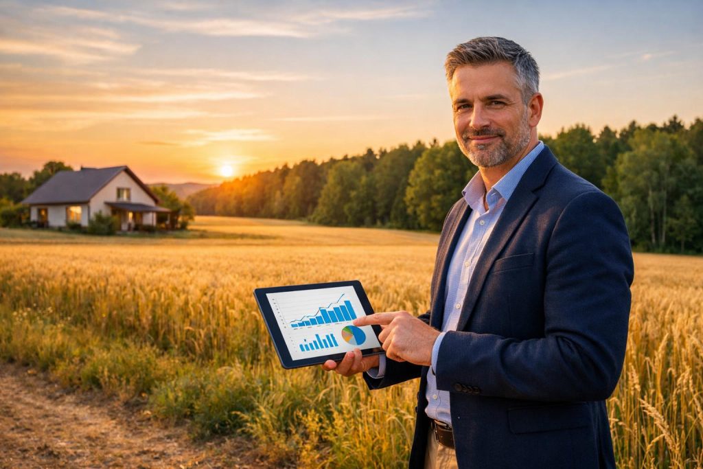 Inwestor z tabletem analizuje pole uprawne i las przy zachodzie słońca