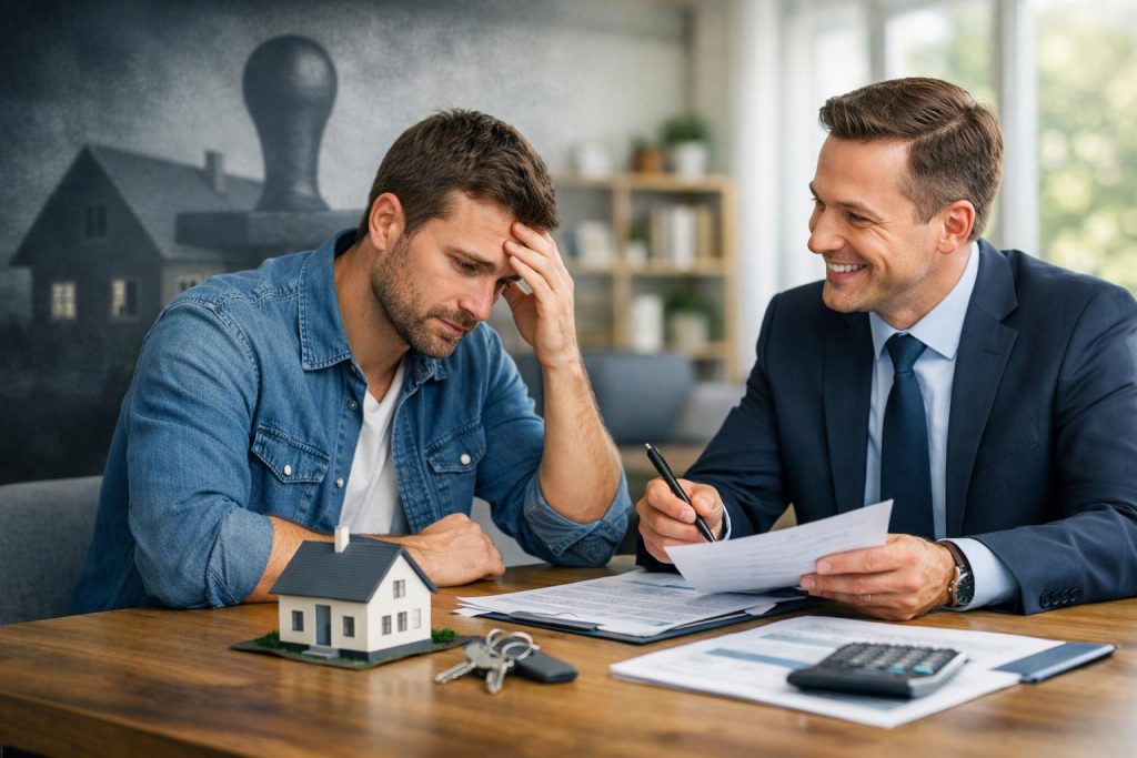 Właściciel domu z doradcą finansowym w biurze omawiają dokumenty i klucze