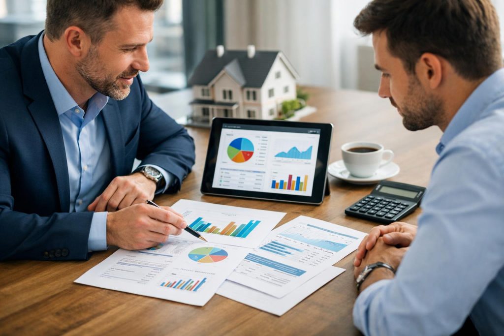 Doradca finansowy i klient analizują karty produktowe przy stole