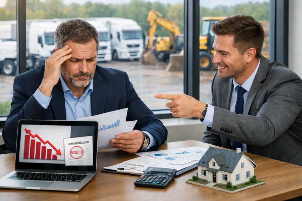 Przedsiębiorca analizuje dokumenty finansowe w biurze z widokiem na flotę i makietą domu przy laptopie