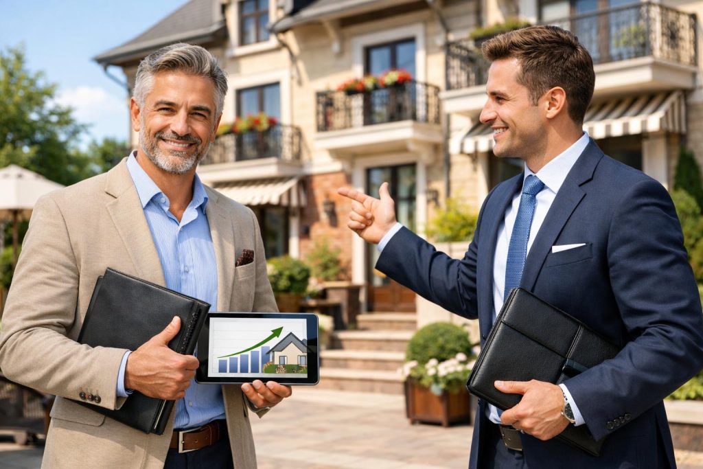 Właściciel pensjonatu z doradcą finansowym przed hotelem używają tablet i dokumenty podczas rozmowy o finansowaniu