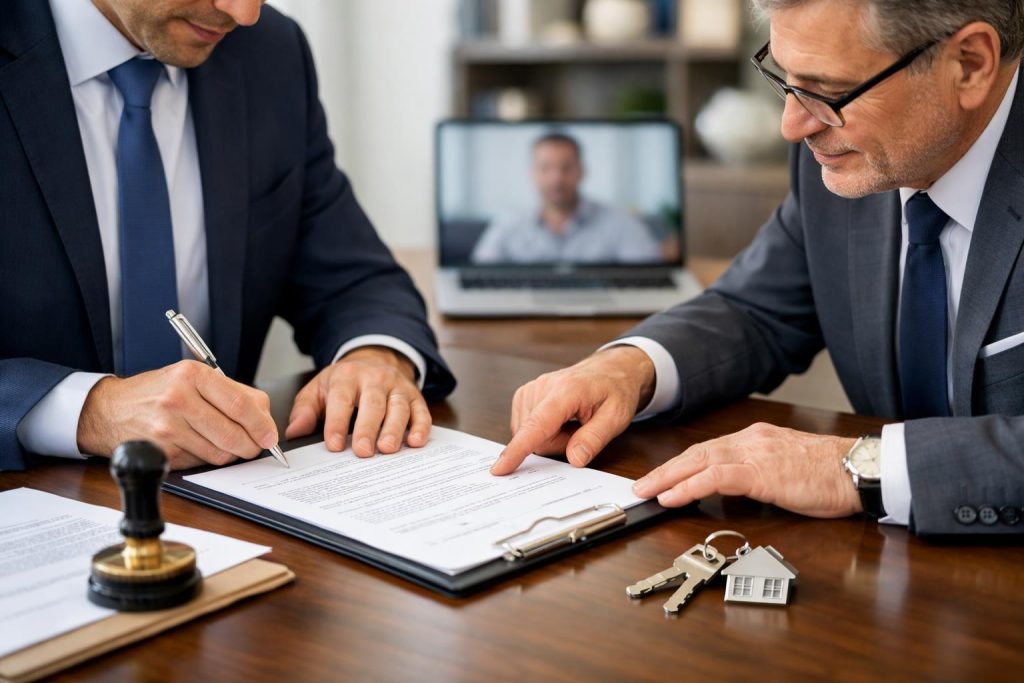 Pełnomocnik podpisuje umowę pożyczki hipotecznej w obecności notariusza w eleganckim biurze