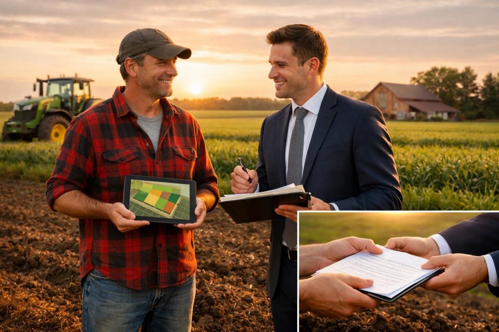 Rolnik i doradca finansowy na polu z tabletem oraz dokumentami