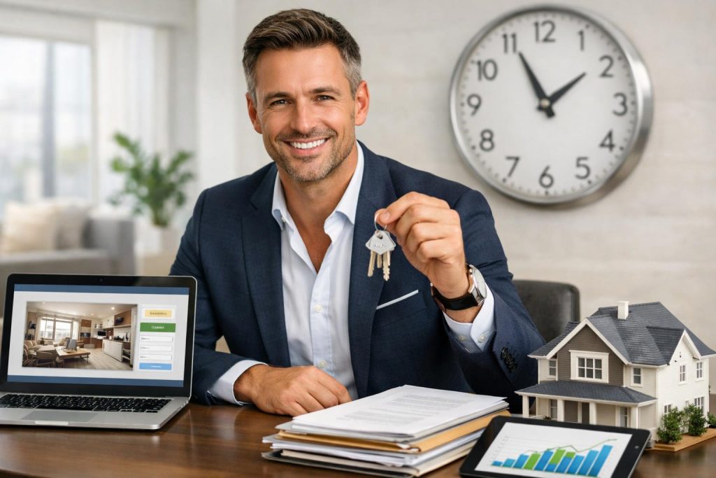 Inwestor przy biurku z laptopem kluczami i makietą domu