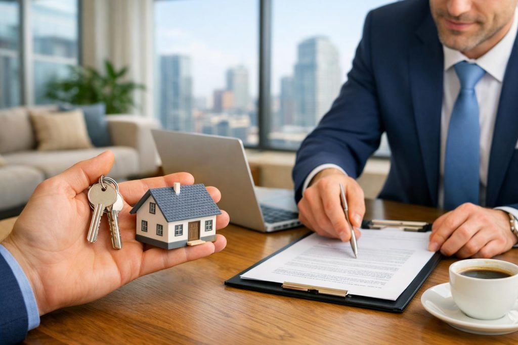 jasny salon z laptopem dokumentami i kawą klucze do mieszkania model domu widok na miasto