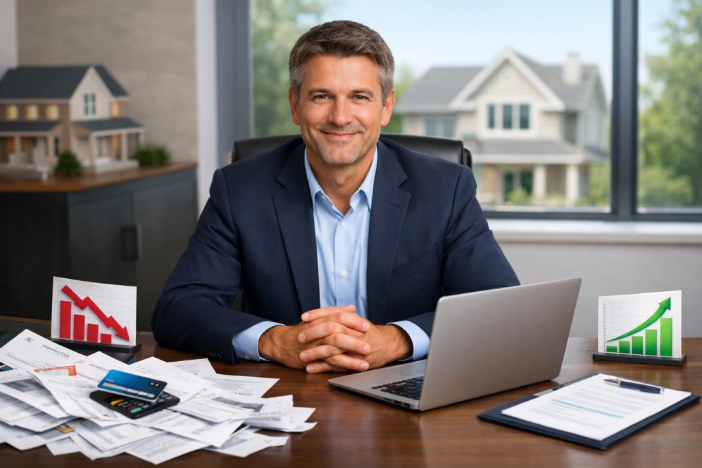 Przedsiębiorca w nowoczesnym biurze porządkuje firmowe zadłużenie