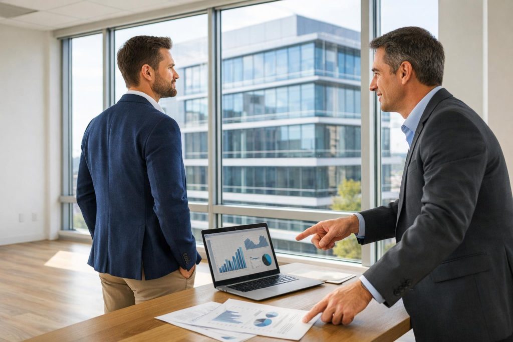 inwestor analizuje pusty lokal komercyjny z doradcą finansowym