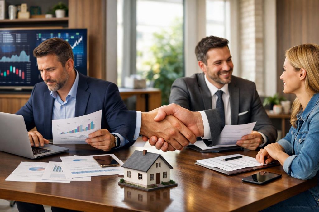 Dwóch klientów w nowoczesnym biurze doradztwa finansowego analizuje dokumenty i podpisuje umowę przy subtelnym modelu domu