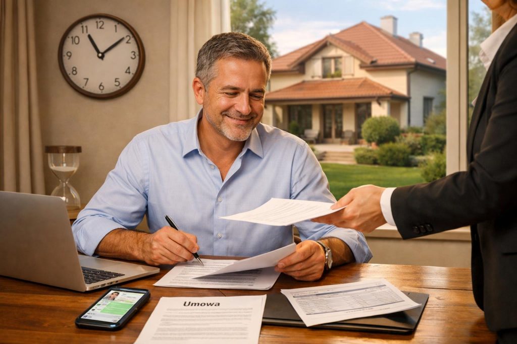 Właściciel domu z laptopem i dokumentami, rozmowa z doradcą, napięta atmosfera przed licytacją komorniczą