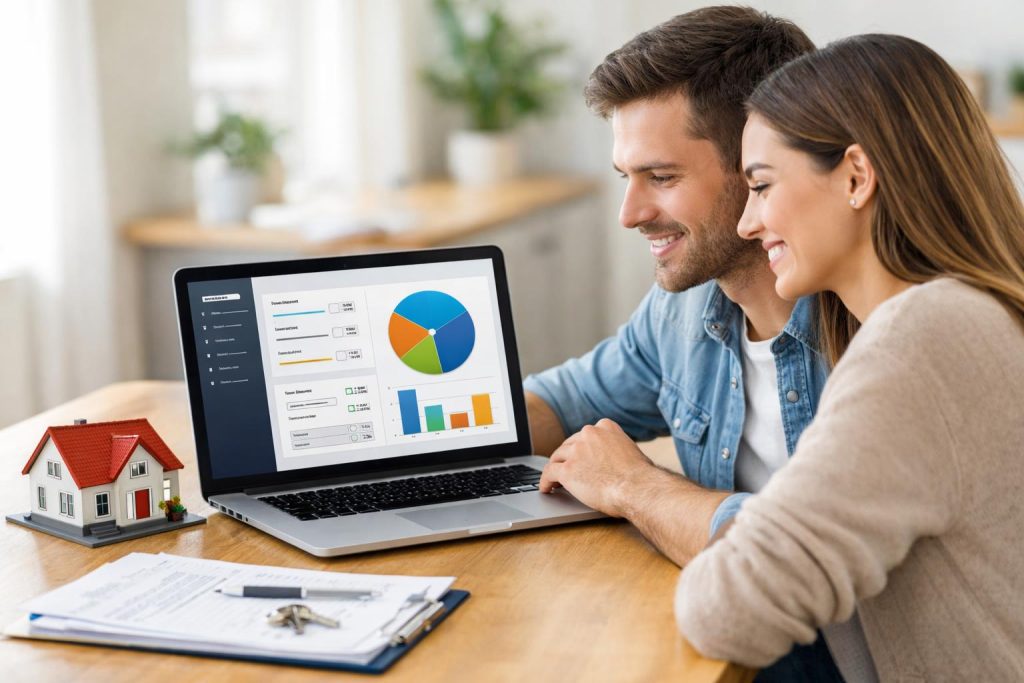Młoda para przy stole korzysta z kalkulatora pożyczki hipotecznej online