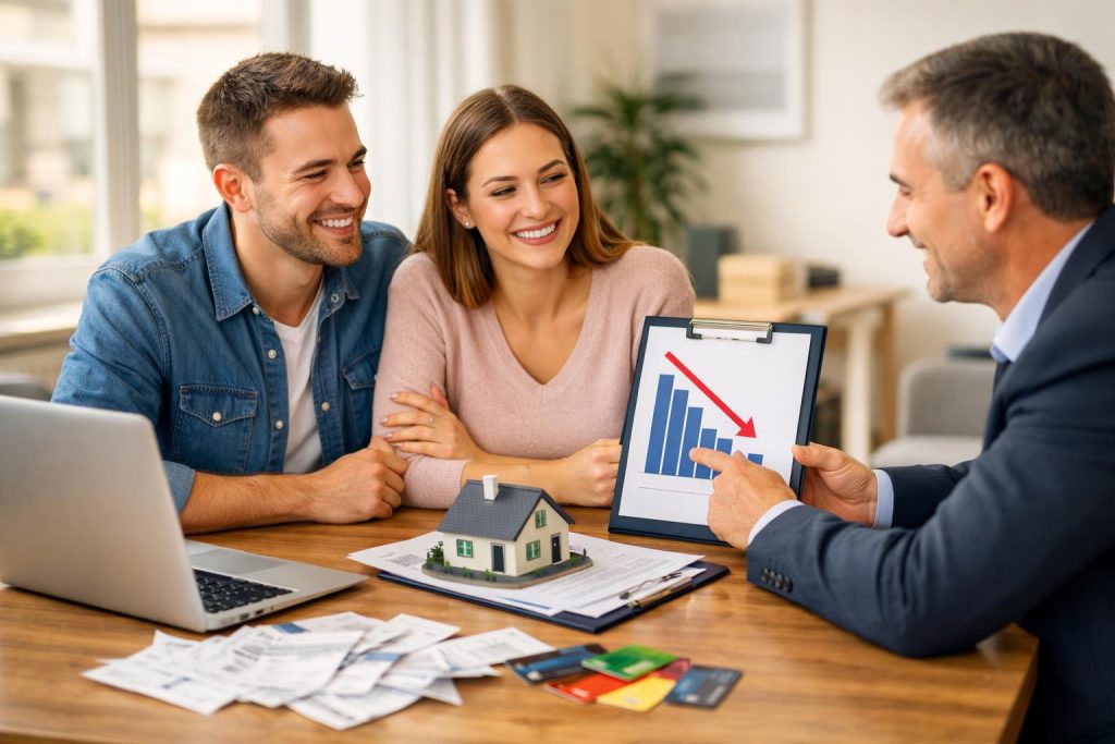 Młoda para z doradcą finansowym analizuje wykres spadku rat przy konsolidacji zadłużenia