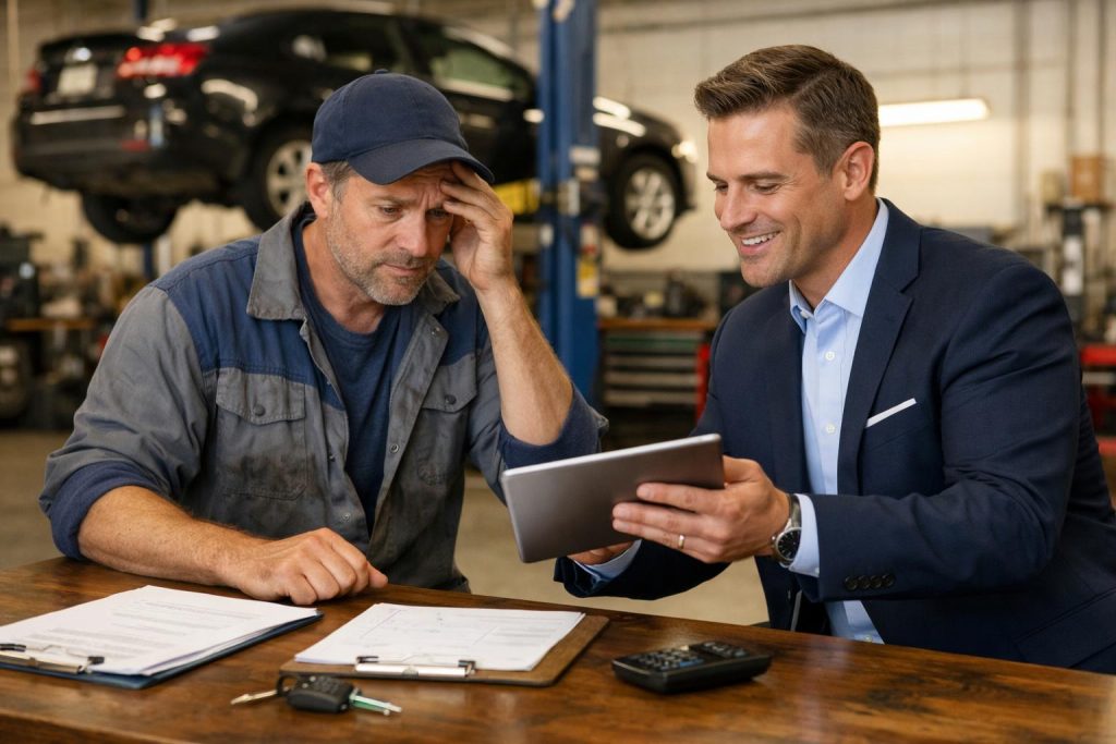 Właściciel warsztatu z doradcą finansowym przy biurku szukający rozwiązania