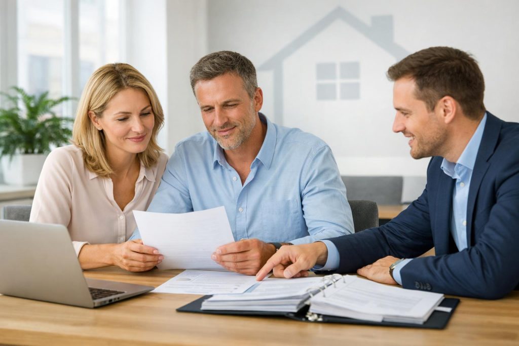 Dwoje ludzi analizuje dokumenty w jasnym biurze z doradcą finansowym