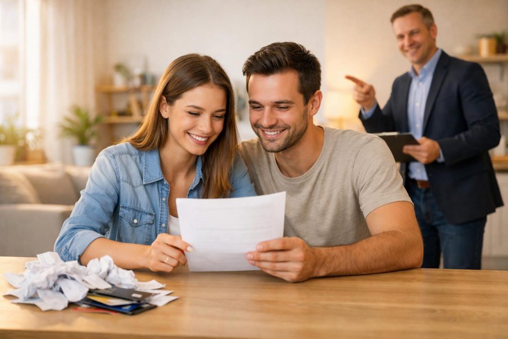 Młoda para analizuje dokument przy stole w jasnym mieszkaniu z doradcą w tle